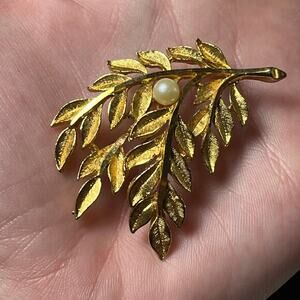 BSK Vintage Gold and Faux Pearl Leaf Brooch - Signed